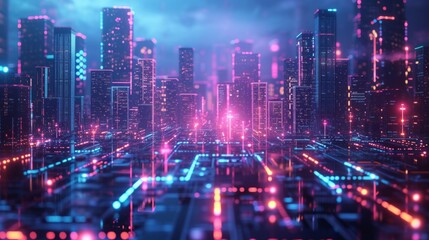 A luminous cityscape with neon lights and holographic elements.
