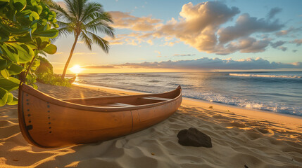 Picture of a rustic wooden rowboat nestled on the golden shores of a tropical coastline, illuminated by the setting sun on the horizon, crafting a serene and picturesque tableau.