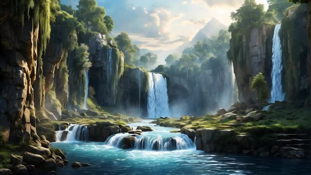 animation waterfall in the forest fantasy