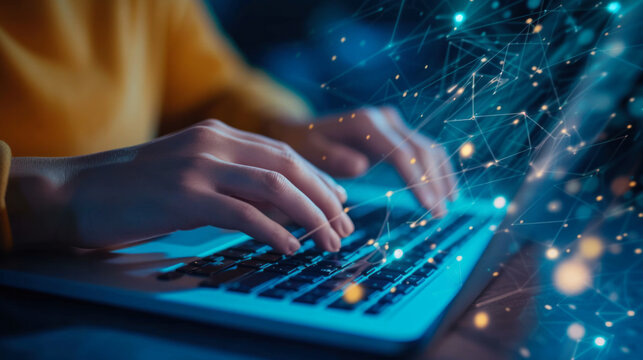 Close-up of a scientist performing calculations, analyzing and visualizing a complex data set on a computer. Data Science and Big Data Technologies. Business analyst concept.