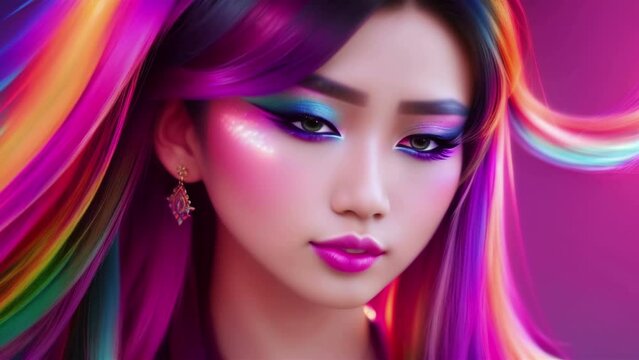 Portrait Beautiful Fashionable Young Asian Woman. Artistic Makeup, Skin Care, Gorgeous Colorful Flowing Hair - Video Animation
