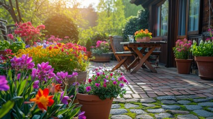 Fototapeta premium Vibrant Garden Bursting With Colorful Flowers, Spring