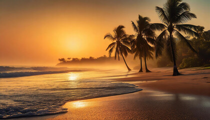 Zachód słońca na tropikalnej plaży, tapeta, dekoracja. Generative AI - obrazy, fototapety, plakaty