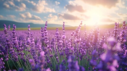 A field of vibrant purple lavender under a bright, sunny sky