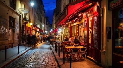 Fototapeta na wymiar Dining options in the evening at Paris' Latin neighborhood.