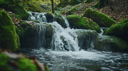 Fototapeta premium Pristine Water Stream Flowing Through Lush Green Forest, Spring