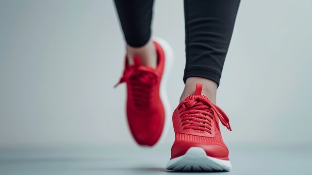 A woman's feet walking wearing red unbranded sports shoes on white background, background image, generative AI