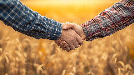 Close-up of farmers shaking hands in a golden wheat field at sunset. Agricultural business.