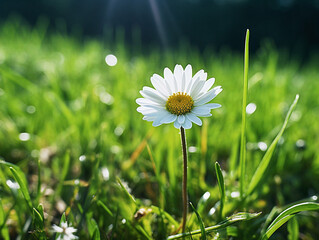 A beautiful, single daisy stands alone in a lush green meadow, captured in vintage-style photography.