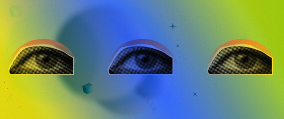 Retro collage eyes banner background with soft grainy effect.