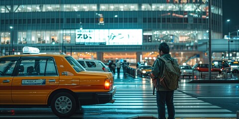 A traveler is awaiting a cab at Tokyo's airport in Japan.