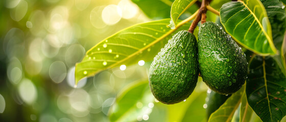 Fresh avocados with water droplets on tree.
