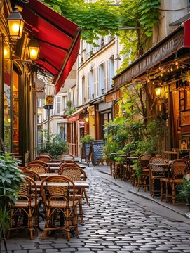 Fototapeta Traditional Parisian street scene with cafe tables in France. Charming city view of Paris.