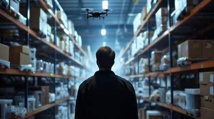 Man controlling AI powered automated delivery drone in warehouse with remote control, automation of logistics with artificial intelligence - obrazy, fototapety, plakaty