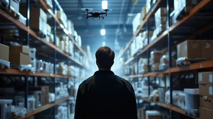Foto op Canvas Man controlling AI powered automated delivery drone in warehouse with remote control, automation of logistics with artificial intelligence © Mohammad
