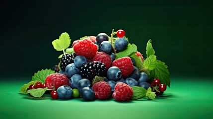 raspberries and blueberries disposed on a green background