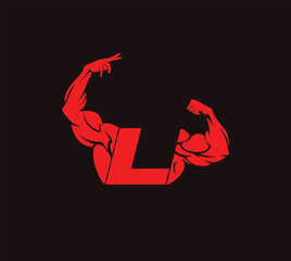 bodybuilder unique vector with letter L, gym and fitness logo, design, emblem and icon