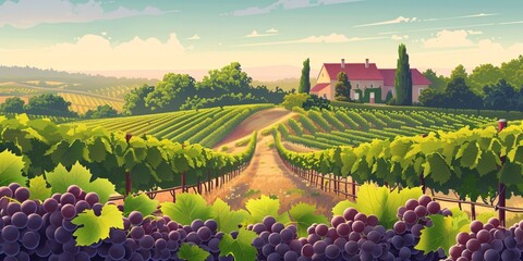 French vineyard in Burgundy, renowned wine sampling, popular grapes graphic, depicting Bordeaux landscape, serene natural winery, delectable wines, gathering of cabernet sauvignon grapes. - obrazy, fototapety, plakaty