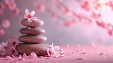 Naklejka na ściany i meble Pebbles balancing, with flowers background. Sea pebble. Colorful pebbles. For banner, wallpaper, meditation, yoga, spa, the concept of harmony, ba lance. Copy space for text