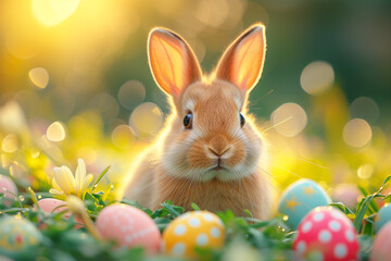 A cute fluffy Easter bunny is sitting on the lawn in the grass among the Easter eggs. Ai generative.