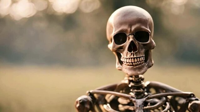 human skeleton looking at camera with blurry background, concept of horror and scare 