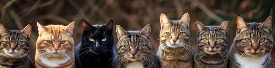 Cats of different colors in a row.