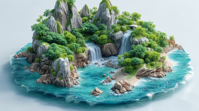 Illustration of an isometric land with beautiful blue ocean, green forest, waterfall and blue sea. Land with beautiful landscape and mountain, waterfall, and blue sea.
