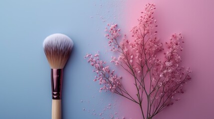 Makeup brush  on a pastel pink background with flowers