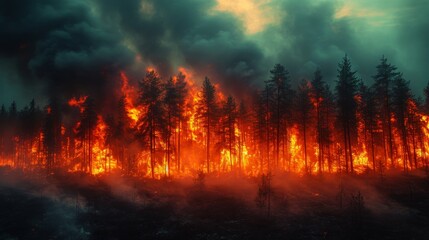 During the evening, a forest with cloudy skies is covered by smoke from a fire