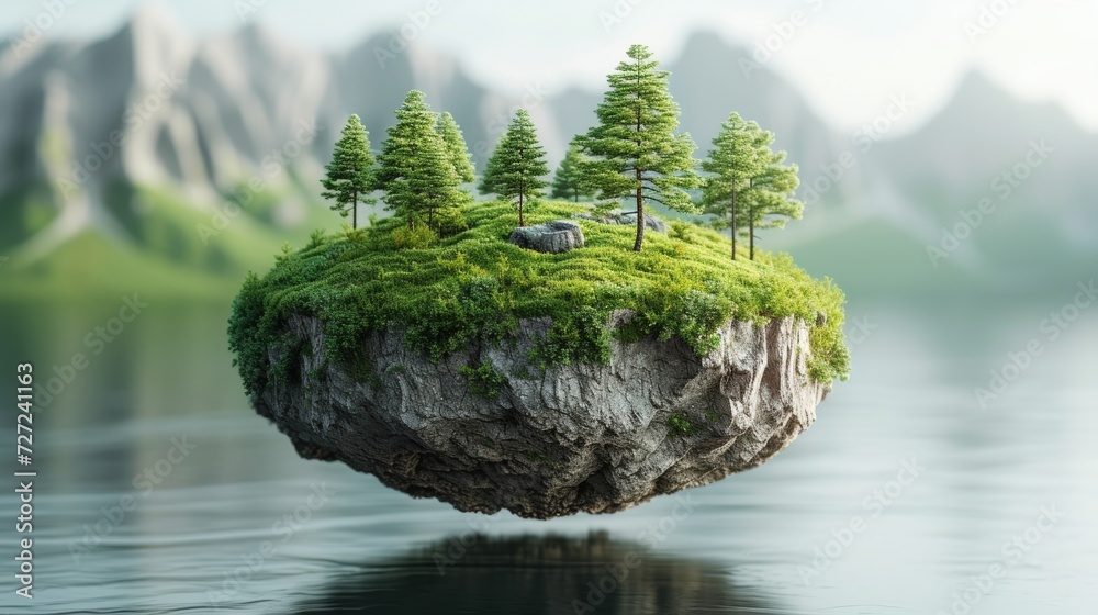 Poster an illustration of a floating fantasy island with a globe of plants on it, surrounded by green grass