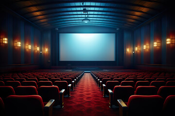 Cinema auditorium with red seats with white blank screen