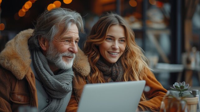 An Older Family Couple Laughing And Bonding At Home Table With A Laptop. A Middle-aged Married Couple In Their 50's Having Fun And Feeling Satisfied With Their Insurance And Billing Online.