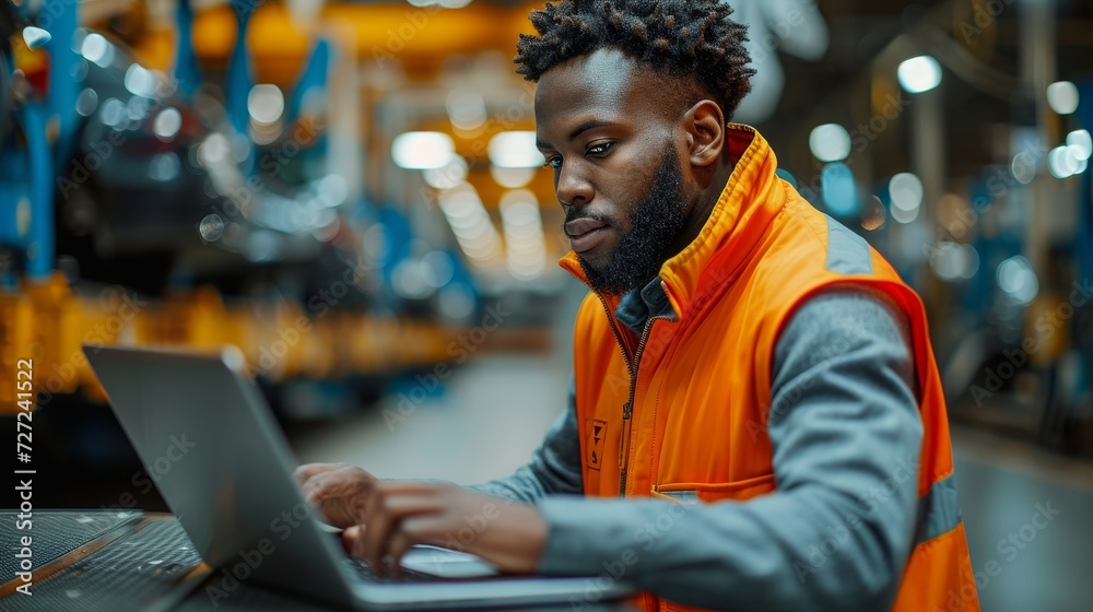 Poster An engineer in high visibility vest uses a laptop computer at a manufacturing facility for the automotive industry. A robot arms technology is being used on an automated assembly line to produce