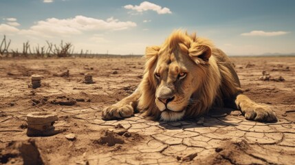 Climate change, lion in search of fresh water due to lack of rain.