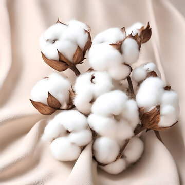 Fluffy white cotton flowers on a beige background.