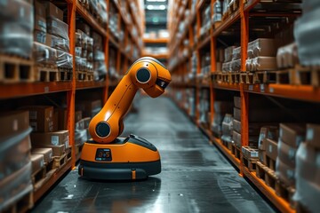 AI powered automated Industrial robot in warehouse, automation of logistics with artificial intelligence - obrazy, fototapety, plakaty