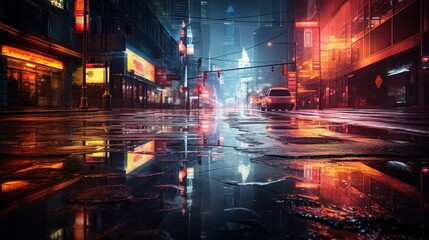 rainy night on a busy street, reflections on wet asphalt, neon lights, 16:9