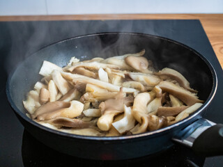 Oyster mushrooms in frying pan
