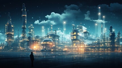 person standing by futuristic power plant station at night