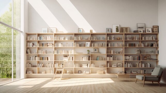 library at home, minimalism, architecture photography, 16:9
