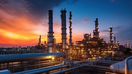Oil refinery factory , Night view of petroleum and petrochemical factory at sunset