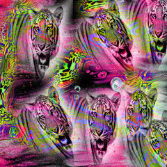 Combination textile collage pattern of wave and lines colored leopard snake tiger textures
