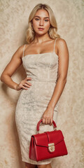 Fototapeta premium elegant blond woman in white dress with luxury red hand bag