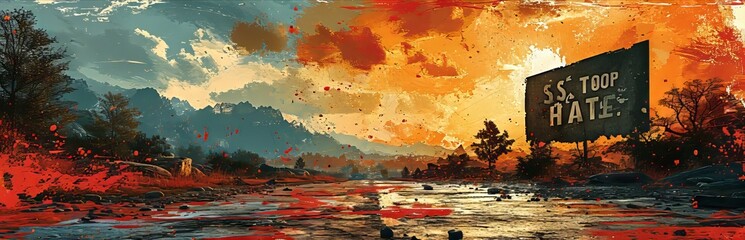 The inscription on the stone wall says "Stop Hate". Concept: a call to stop aggression among people. no bullying online and in real life
