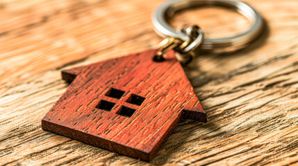 Close-up of a house key with a wooden house-shaped keychain, isolated on a white background, concept of home ownership.