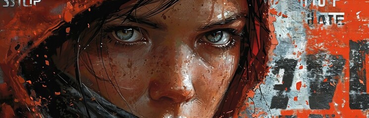 A piercing female gaze from under a red hood. Banner with close-up of a woman's face