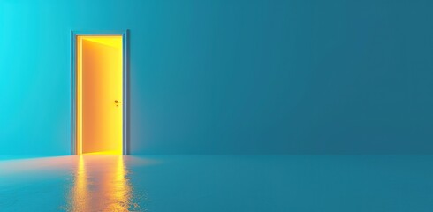 Open door to a bright room against a blue wall. The concept of opportunities and new beginnings.