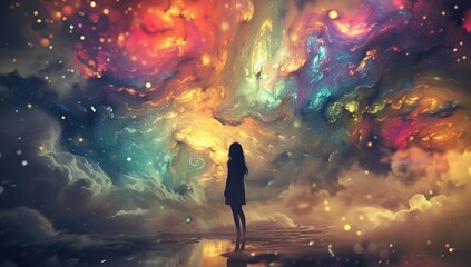 Girl standing before a massive, multicolored cosmic cloud.