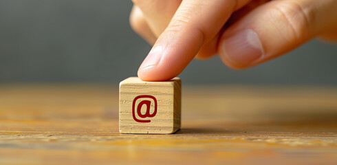A human hand placing a wooden block with the symbol "contact us" on a table. The concept of communication and the internet.