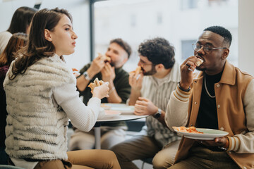 Diverse professionals having a lunch break, enjoying pizza and relaxing. Refreshing and refueling...